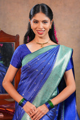 Blue colour Semi Silk Saree Gold Zari Lines and small buttas with Woven Zari Border and Contrast Blouse