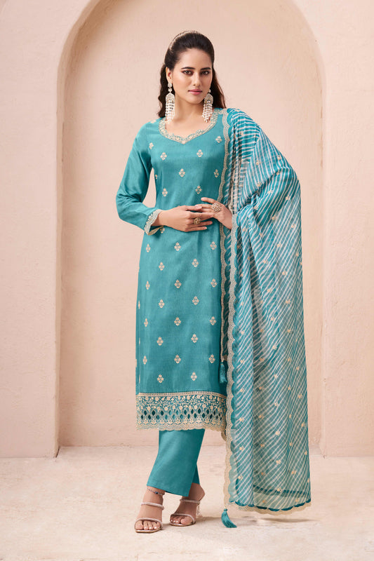 Green munga silk embroidered chudidhar material with printed dupatta