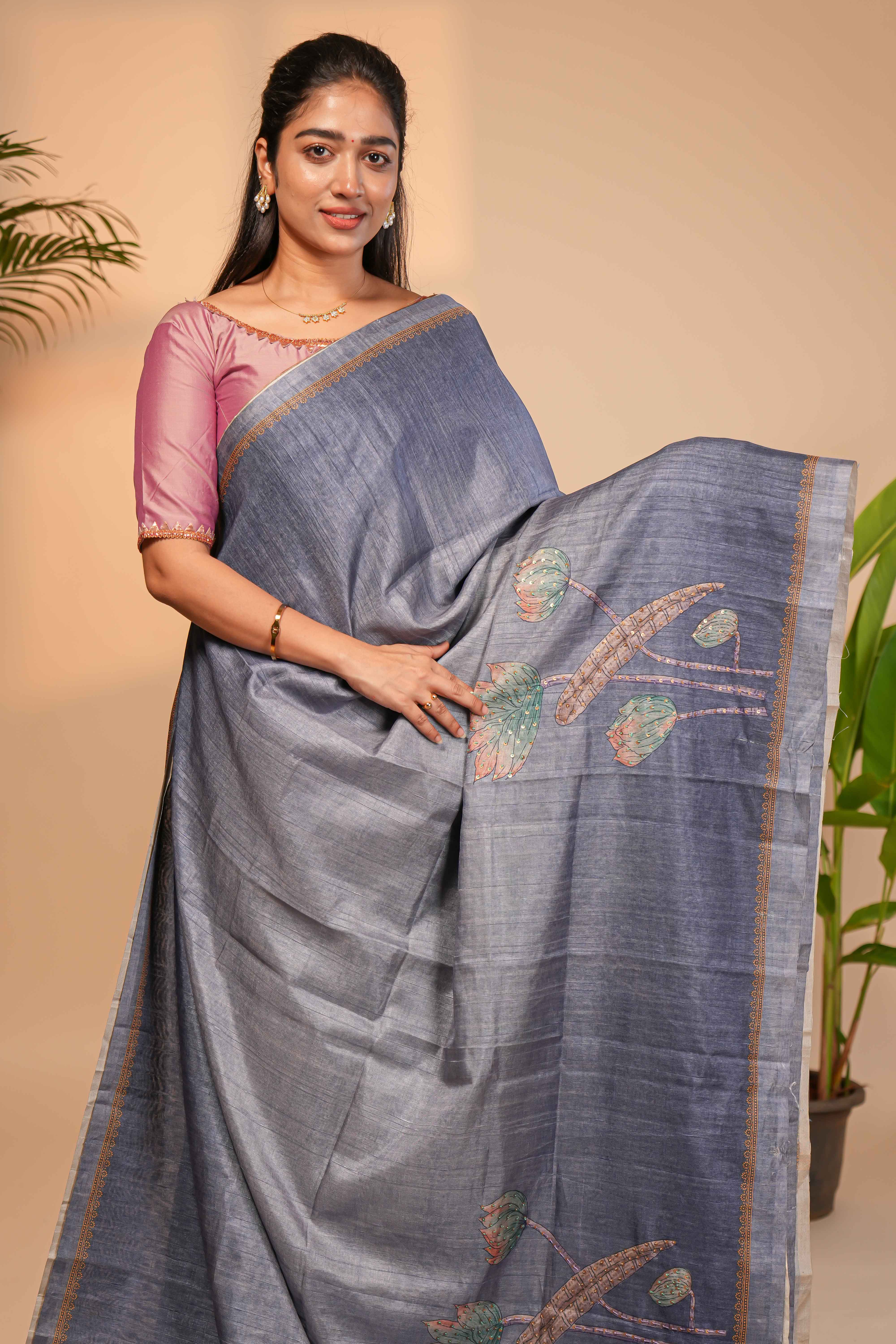 Blue floral design semi tussar saree with self border and matching printed blouse