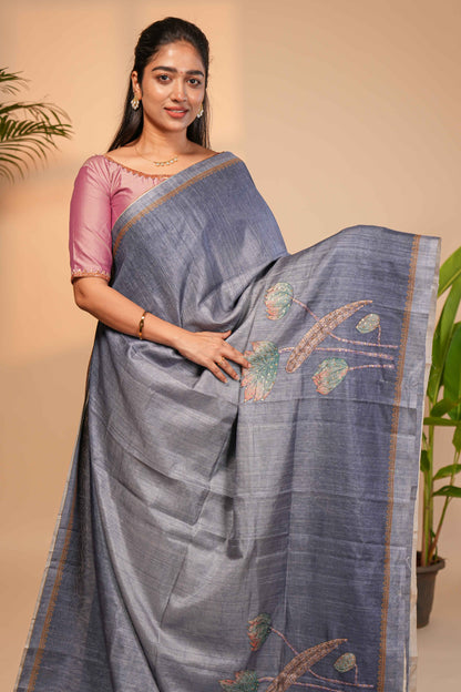 Blue floral design semi tussar saree with self border and matching printed blouse