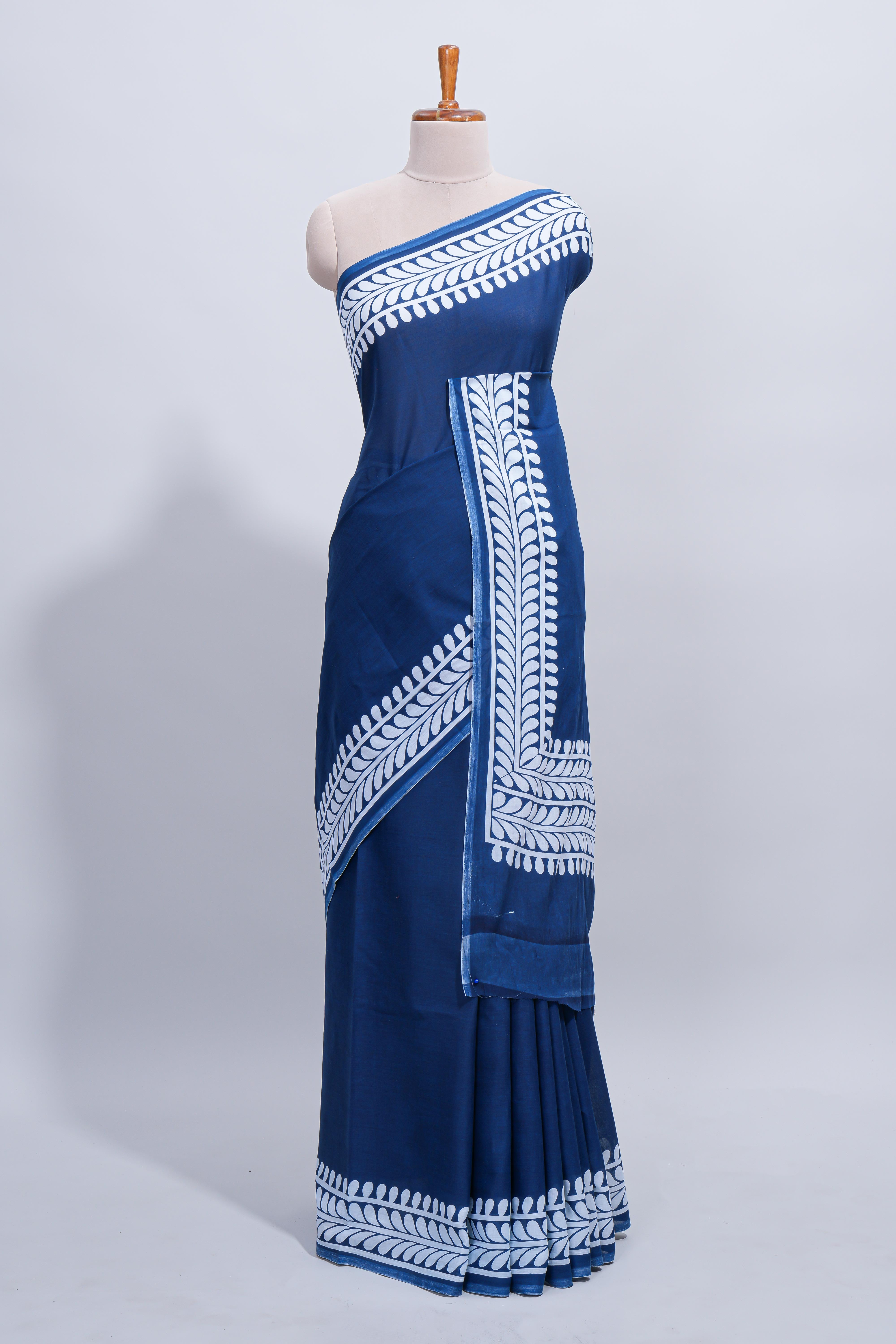 Blue plain mul mul cotton saree with self border and matching blouse
