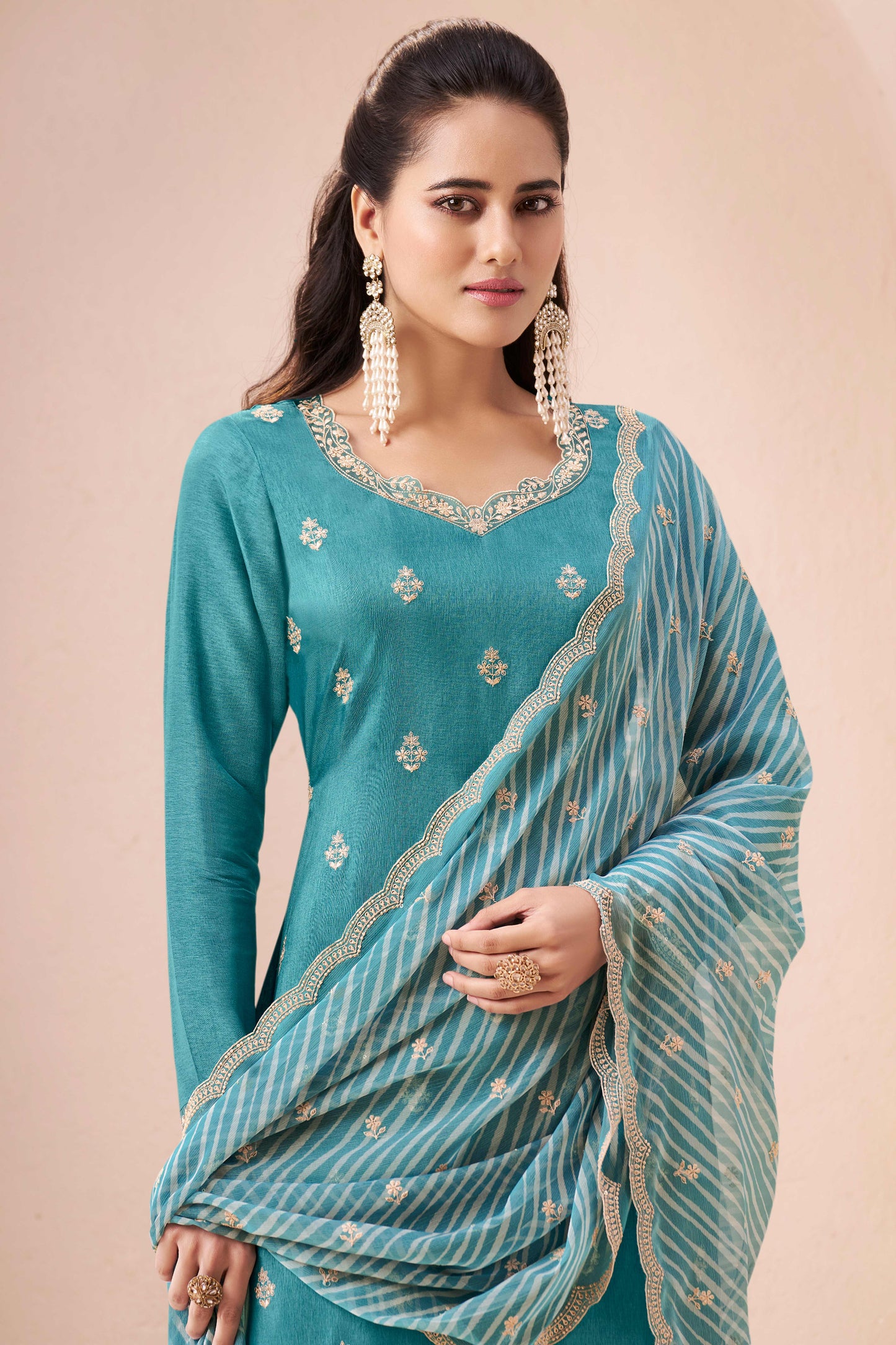 Green munga silk embroidered chudidhar material with printed dupatta