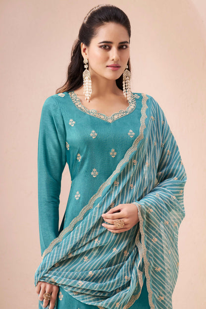 Green munga silk embroidered chudidhar material with printed dupatta