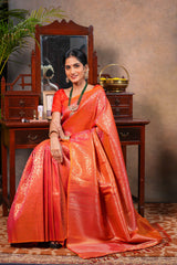 Orange colour Semi Soft Silk Saree with intricate gold zari floral vine weaving patterns and Rich zari woven pallu with Matching blouse