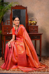 Orange colour Semi Soft Silk Saree with intricate gold zari floral vine weaving patterns and Rich zari woven pallu with Matching blouse