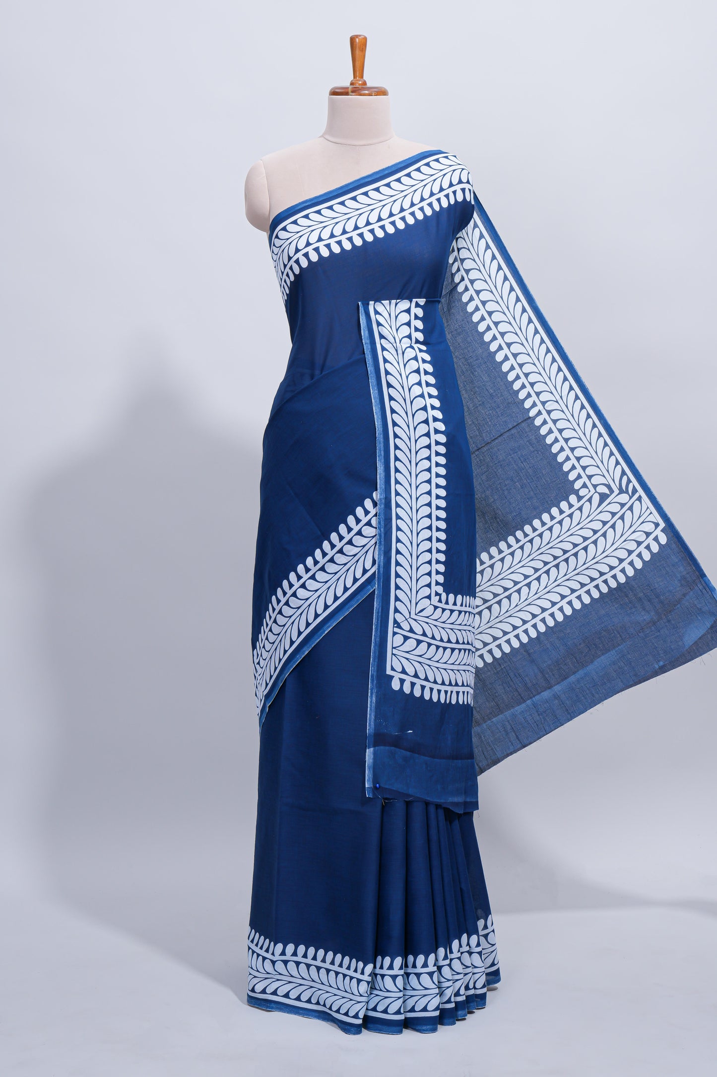 Blue plain mul mul cotton saree with self border and matching blouse