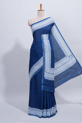Blue plain mul mul cotton saree with self border and matching blouse
