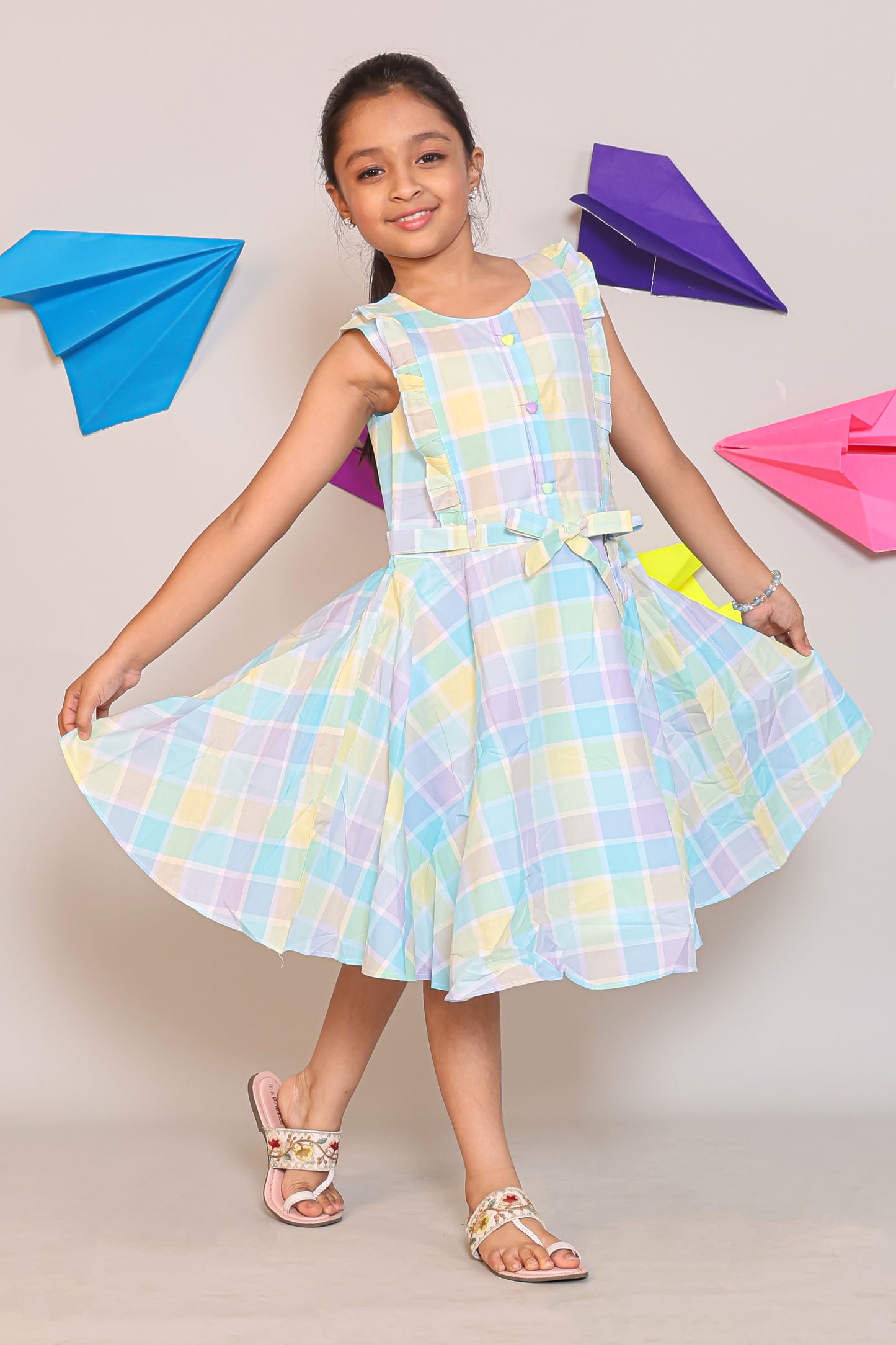 Multi-Color Sleeveless Checked A-Line Dress for Girls -  Summer Casual Wear