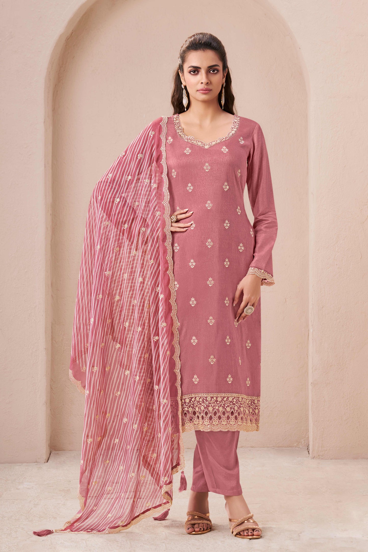 Peach munga silk embroidered chudidhar material with printed dupatta