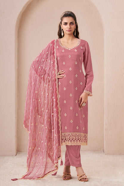 Peach munga silk embroidered chudidhar material with printed dupatta