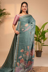 Green floral design semi tussar saree with self border and matching printed blouse