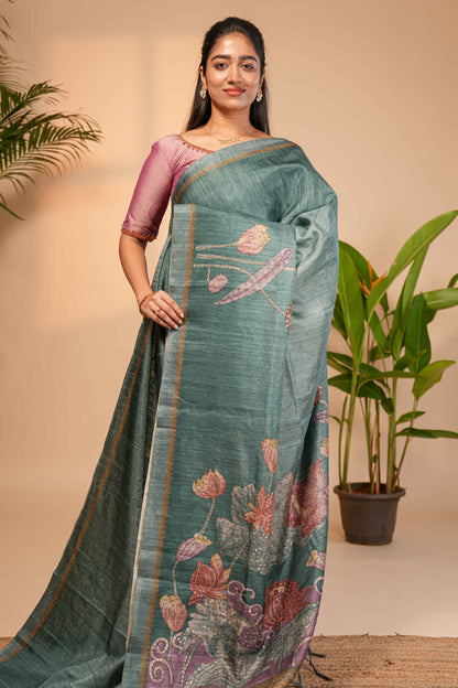 Green floral design semi tussar saree with self border and matching printed blouse