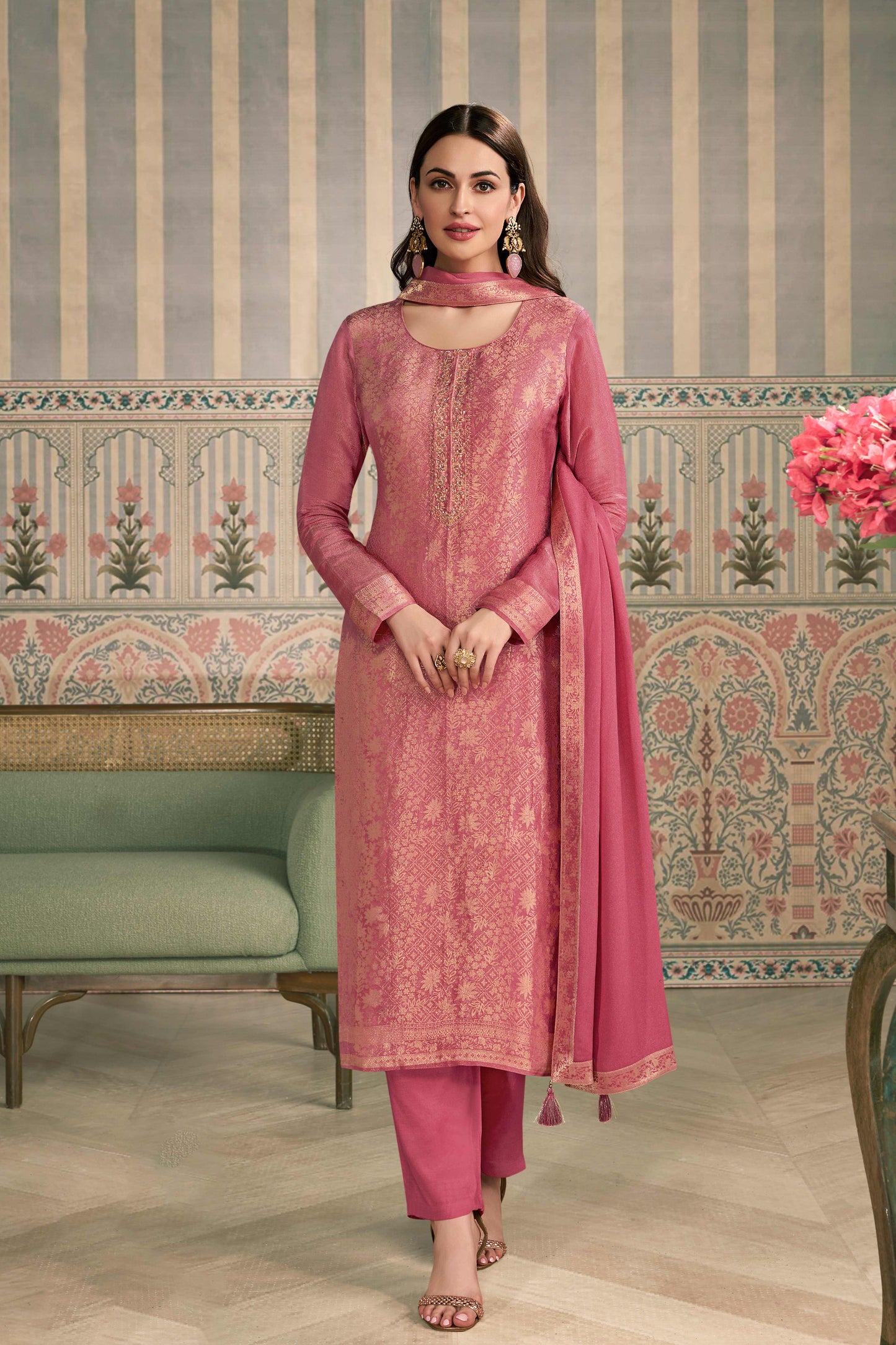 Peach viscose shimmer jacquard chudidhar material set with pant and dupatta