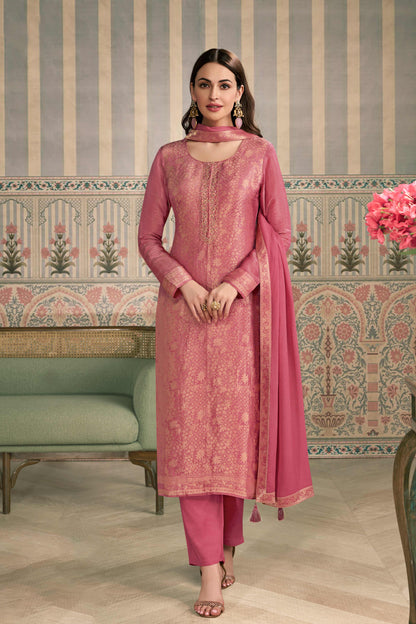 Peach viscose shimmer jacquard chudidhar material set with pant and dupatta