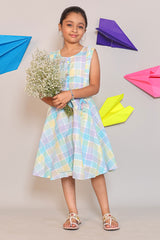 Multi-Color Sleeveless Checked A-Line Dress for Girls -Summer Casual Wear