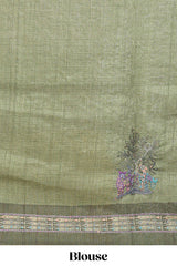 Tussar saree in beige tone delicate floral embroidery featuring dark green borders and woven pallu along with contrast blouse