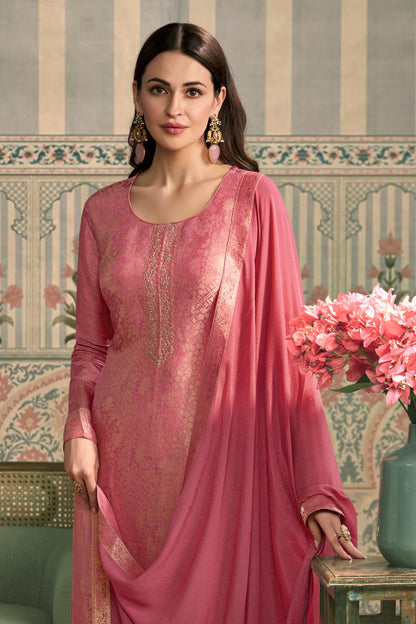 Peach viscose shimmer jacquard chudidhar material set with pant and dupatta