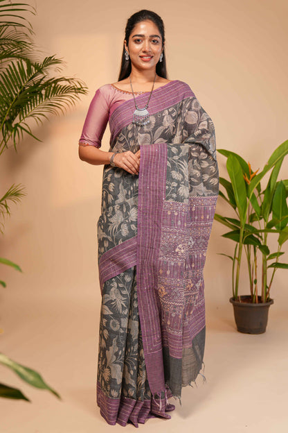 Grey floral design semi tussar saree with contrast lavender border and printed pallu