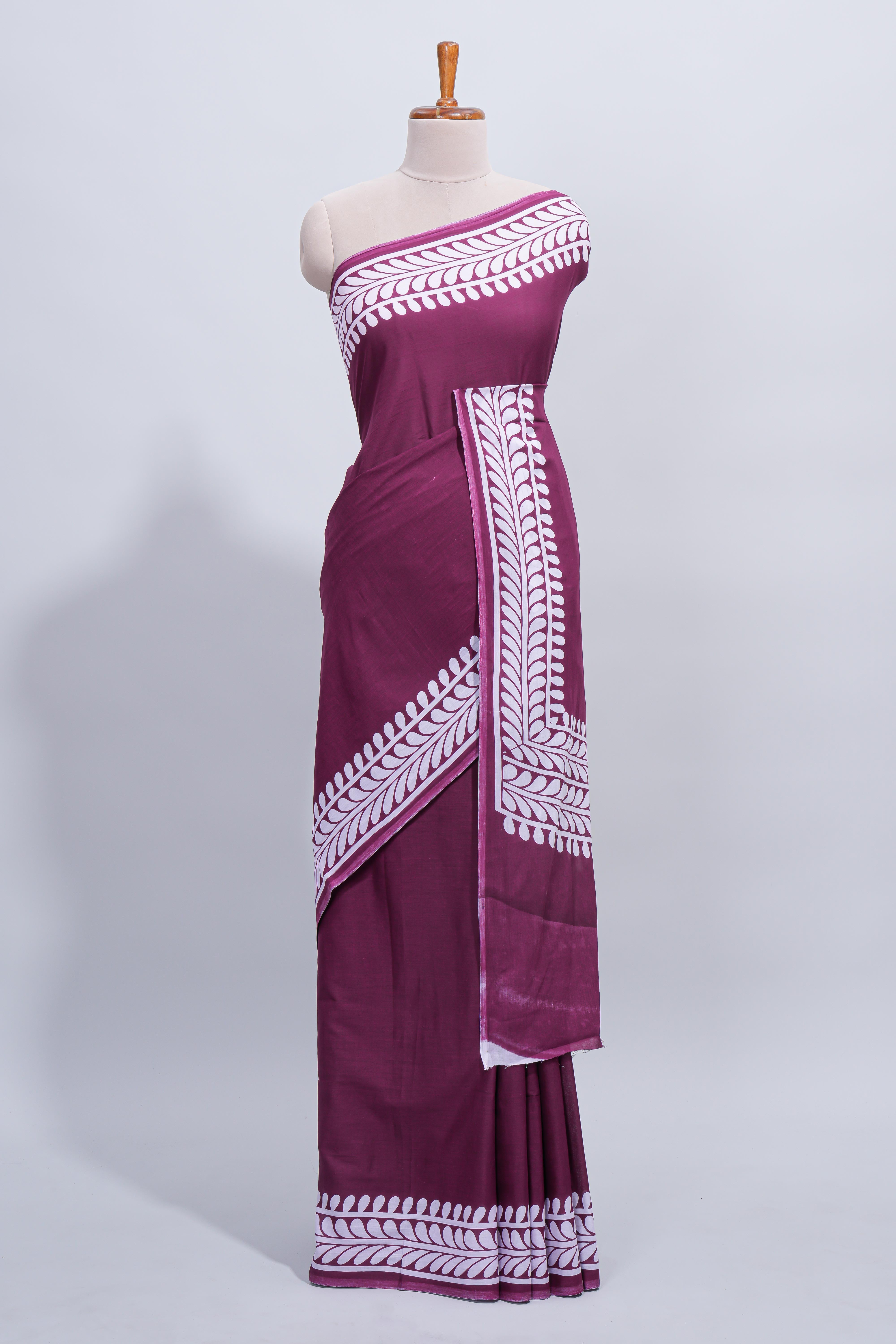 Purple plain mul mul cotton saree with self border and matching blouse