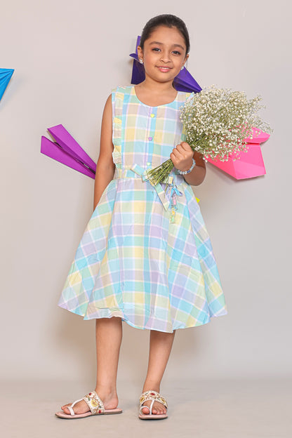 Multi-Color Sleeveless Checked A-Line Dress for Girls -  Summer Casual Wear