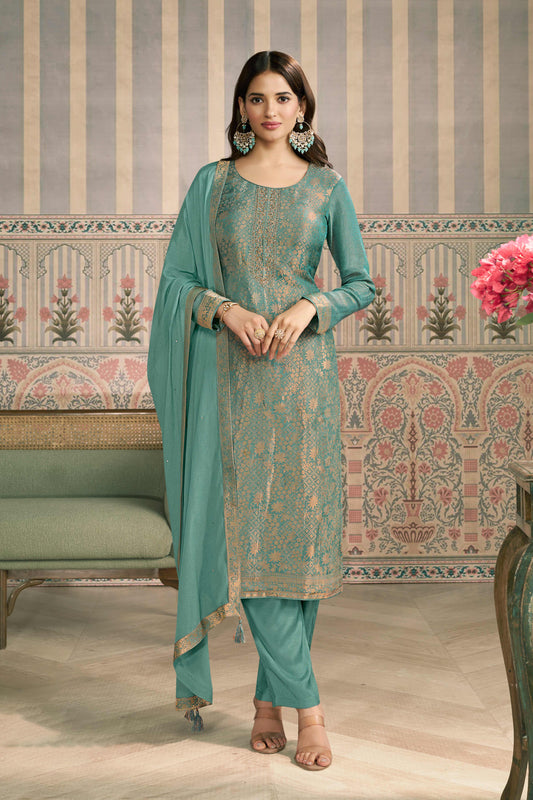 Green viscose shimmer jacquard chudidhar material set with pant and dupatta