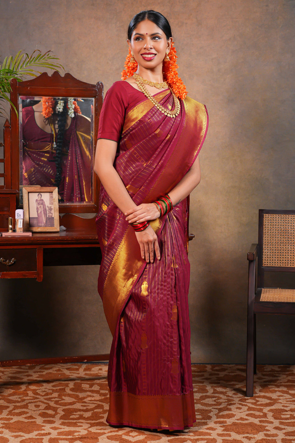 Red Maroon Semi soft Silk Saree Gold Zari Lines and Peacock Buttas  with  Zari Border and Matching Blouse