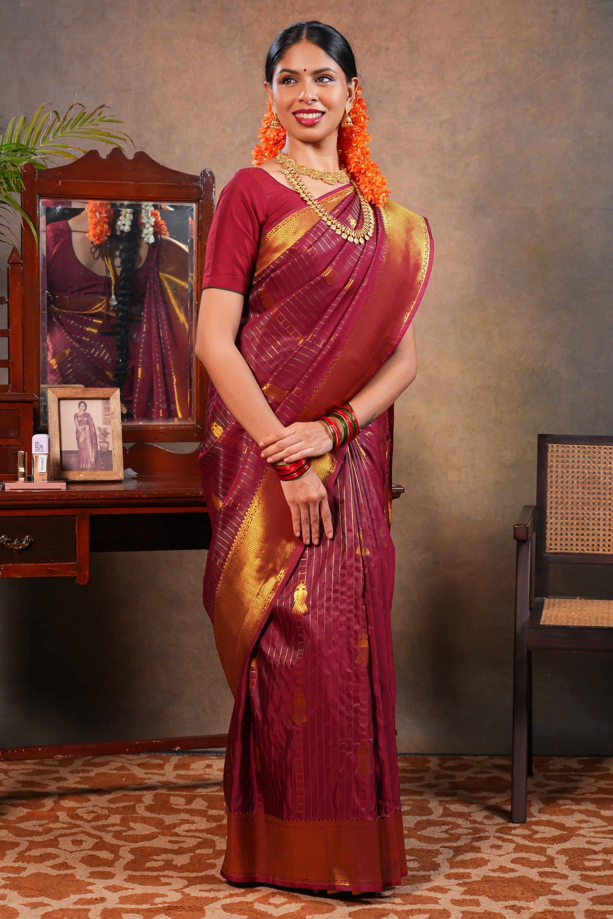 Red Maroon Semi soft Silk Saree Gold Zari Lines and Peacock Buttas  with  Zari Border and Matching Blouse