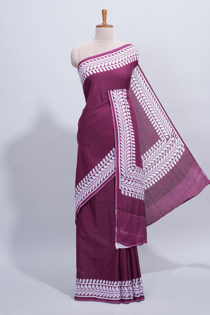 Purple plain mul mul cotton saree with self border and matching blouse