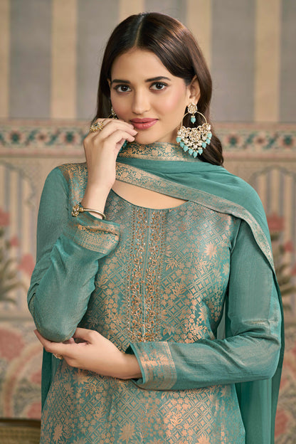 Green viscose shimmer jacquard chudidhar material set with pant and dupatta