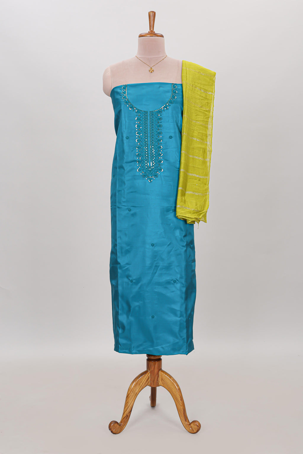 Blue embroidery floral motifs chudidhar material with contrast solid pant and contrast striped dupatta