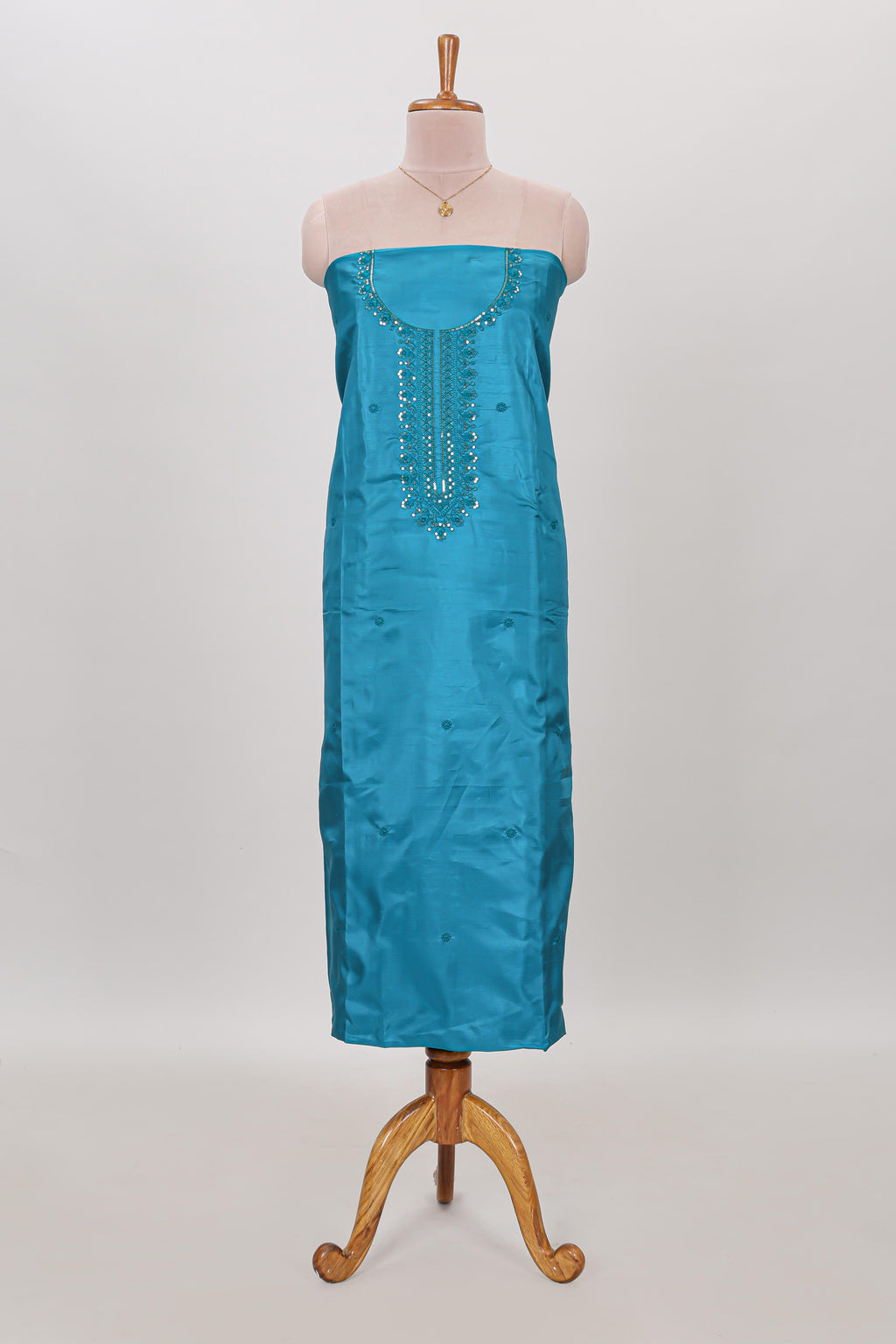 Blue embroidery floral motifs chudidhar material with contrast solid pant and contrast striped dupatta