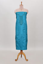 Blue embroidery floral motifs chudidhar material with contrast solid pant and contrast striped dupatta