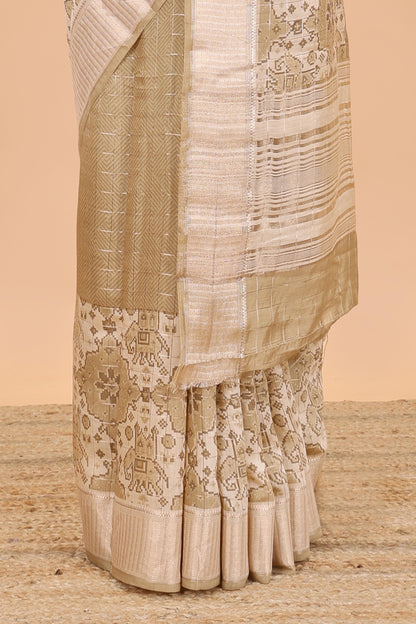 Sandal checked chanderi cotton saree with floral and animal motifs zari border