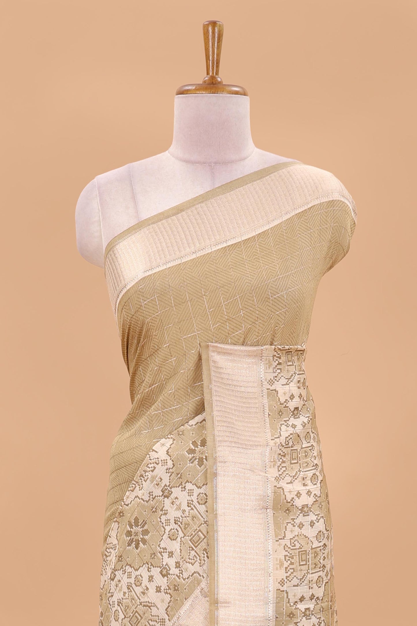 Sandal checked chanderi cotton saree with floral and animal motifs zari border