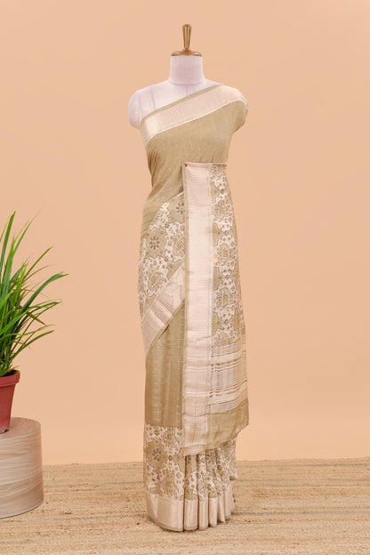 Sandal checked chanderi cotton saree with floral and animal motifs zari border