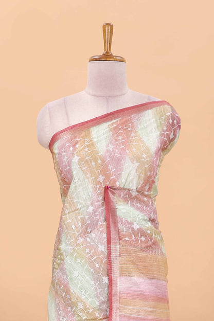 Multi color stripes chikankari cotton saree with thread work and self pallu