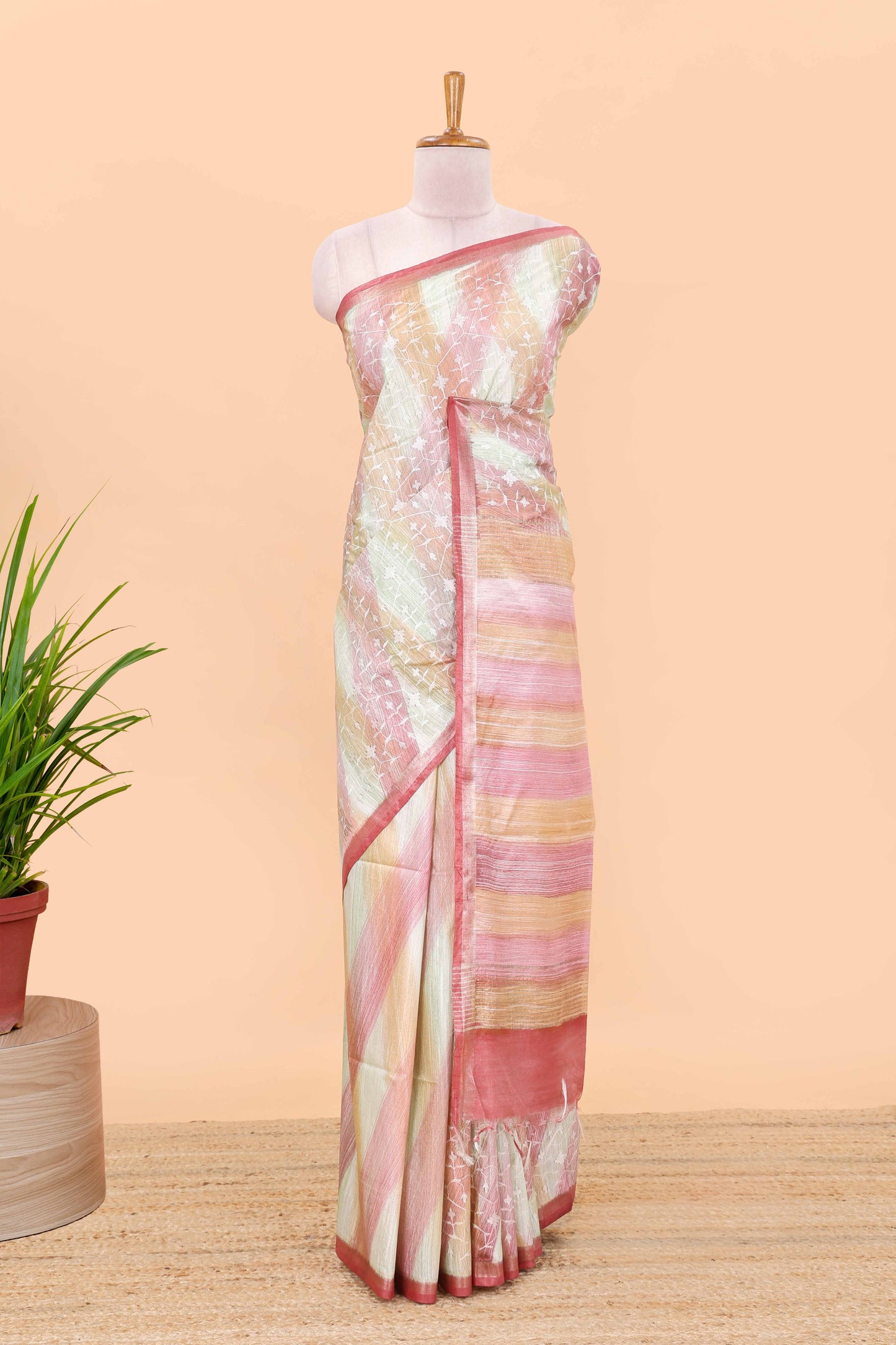 Multi color stripes chikankari cotton saree with thread work and self pallu
