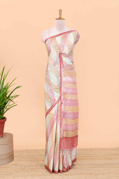 Multi color stripes chikankari cotton saree with thread work and self pallu