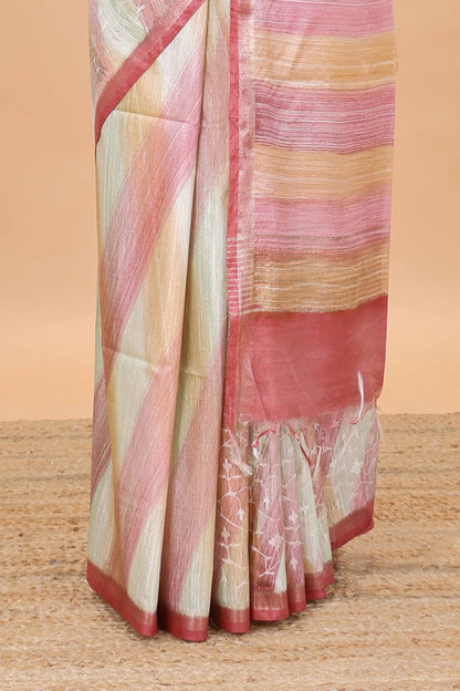 Multi color stripes chikankari cotton saree with thread work and self pallu