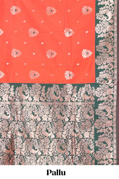 Orange Semi Soft Silk Saree Body All Over Small Gold Zari Butta And Zari Border With Grand Zari Rich Pallu