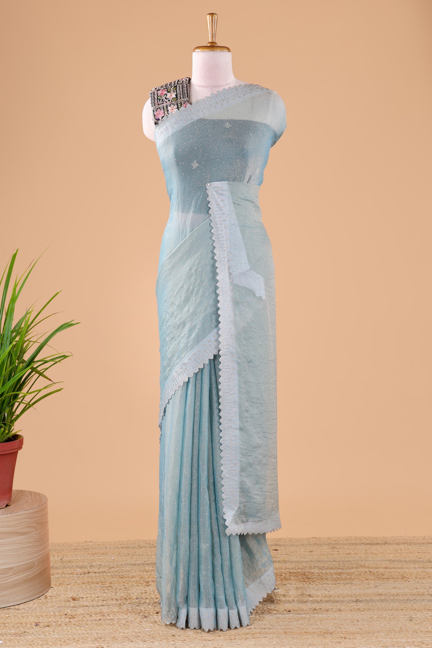 Blue designer georgette space silk saree with heavy stone & beads work, short pallu and contrast sequin embroidered blouse