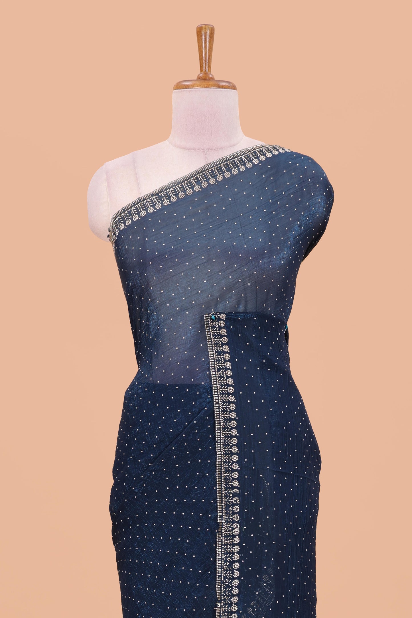 Blue designer georgette space silk saree with heavy stone & beads work, short pallu & contrast sequin embroidered blouse