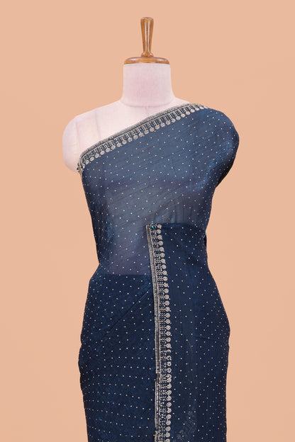 Blue designer georgette space silk saree with heavy stone & beads work, short pallu & contrast sequin embroidered blouse