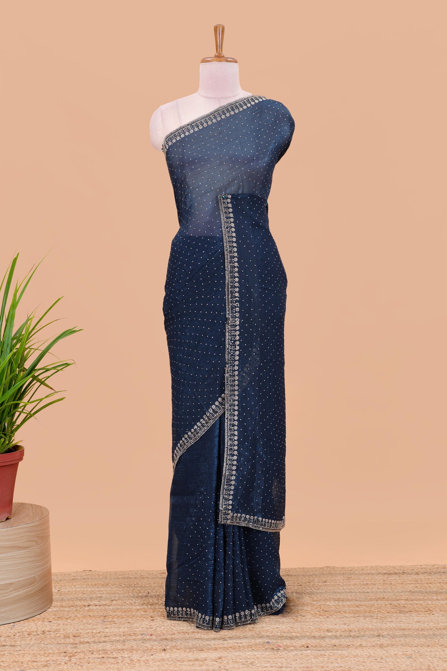 Blue designer georgette space silk saree with heavy stone & beads work, short pallu & contrast sequin embroidered blouse