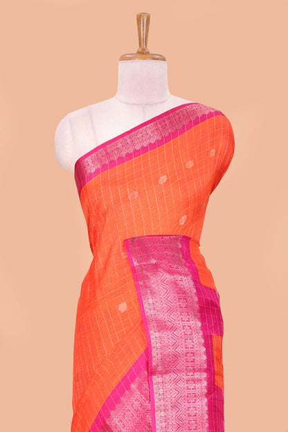 Red viscose dola silk saree with all over checked butta design, contrast zari border and pallu