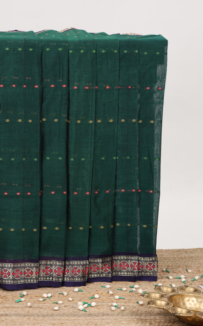 Green small butta bengal cotton saree with contrast zari border and striped pallu