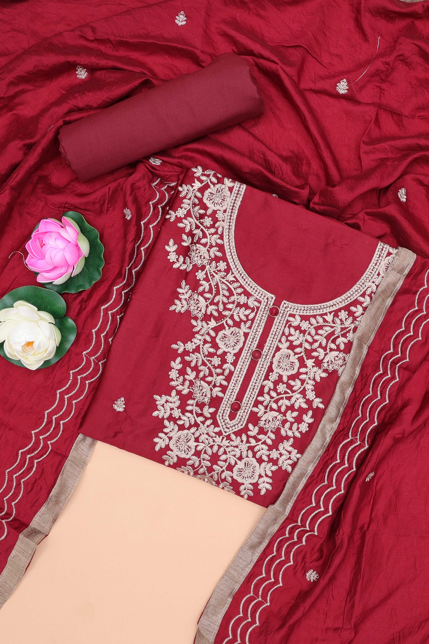 Red embroidered cotton silk chudidhar material with sequin thread work and contrast dupatta