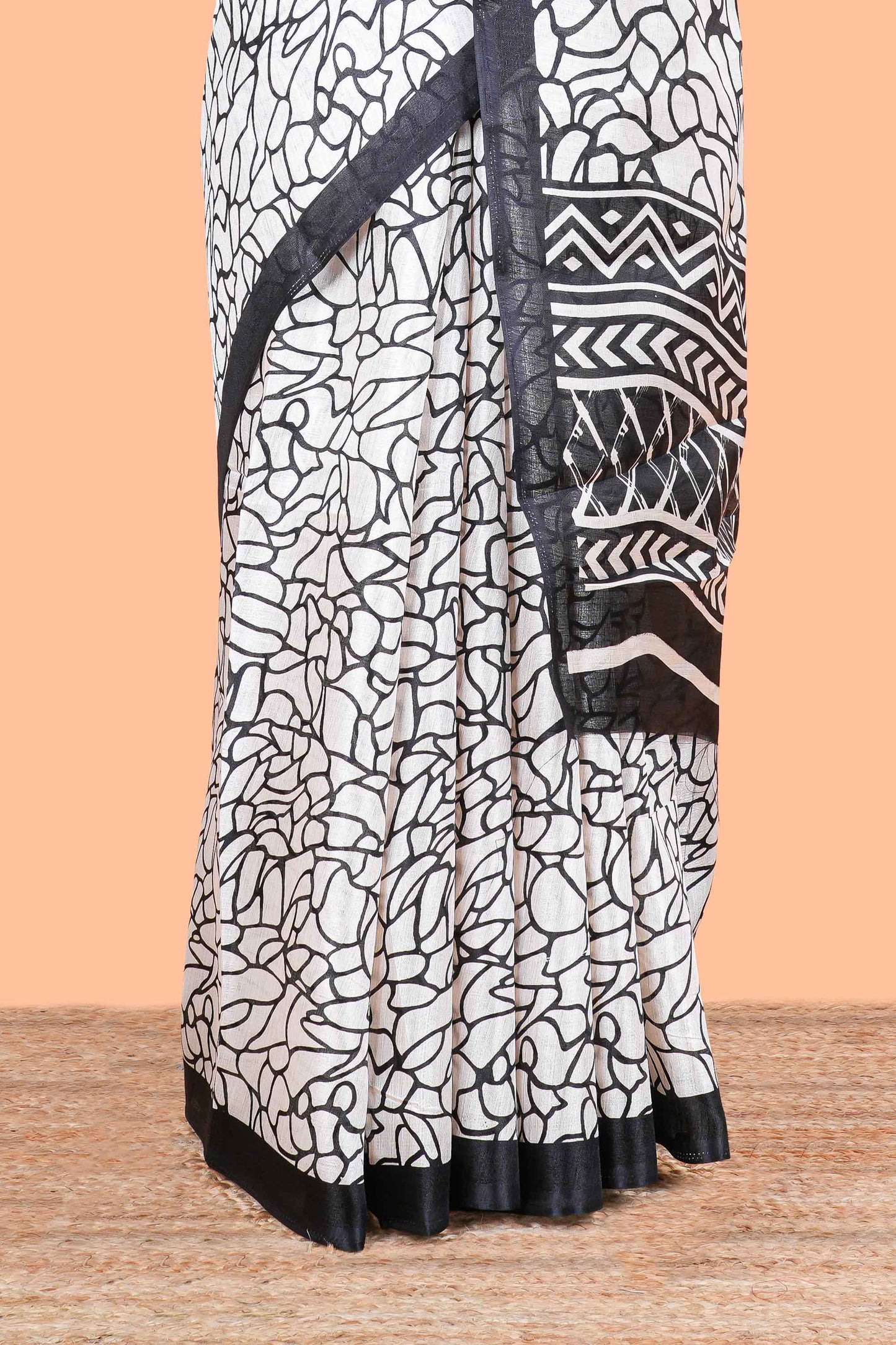 White With Black Khadi Cotton Abstract Print Design In Body and Pallu