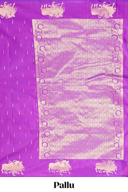 Purple Semi Soft Silk Saree Body Rain Drop Butti and Border Nandhi Motifs and Grand Zari Rich Pallu