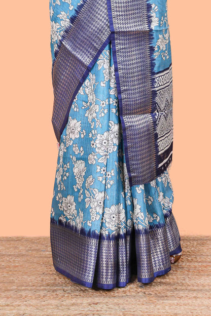 Blue dola silk saree with rico zari work, floral print and elegant jacquard border
